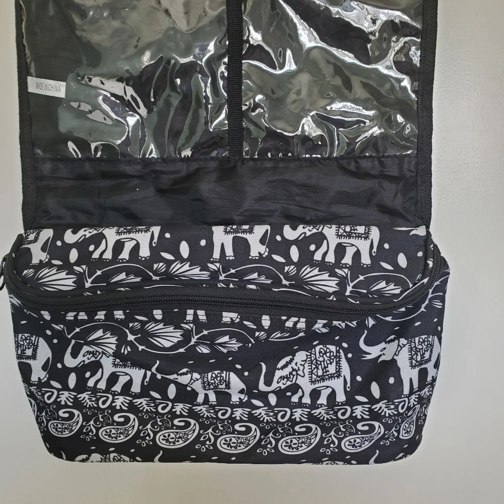 Elephant Paisley Design Black & White Travel Cosmetic Accessories Hang Bag New
